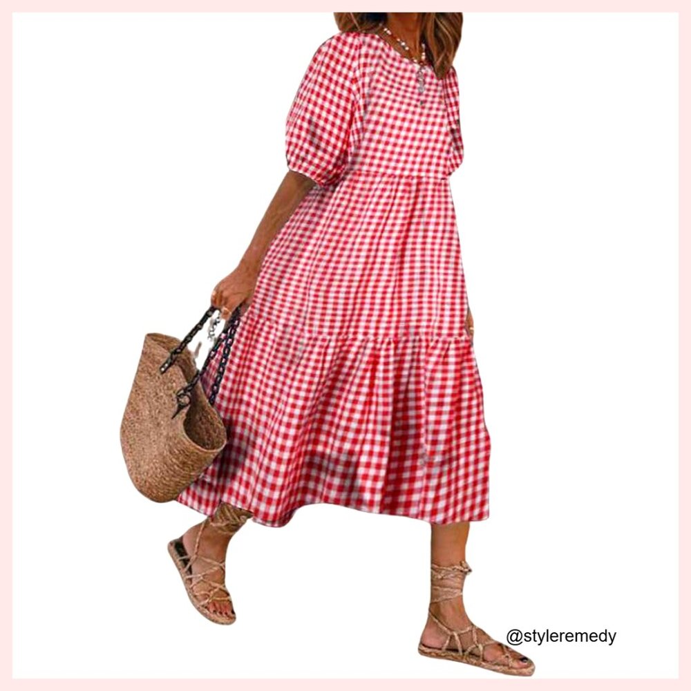 Retro Lantern Puff Sleeve Plaid Swing Midi Dress Elastic Waist